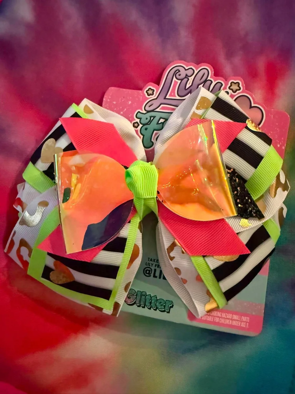 Kids Neon Pink and Lime Stripe Hair Bow